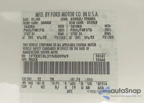 2000 Ford F-150 Lariat/Work Series/Xl/Xlt из США, поврежденный, VIN 1FTRX18L3YNB00969